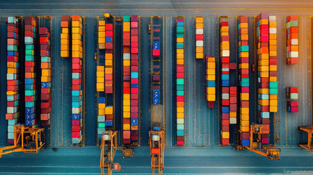 Aerial view of cargo containers arranged in rows at a busy shipping yard, symmetry and orderの素材