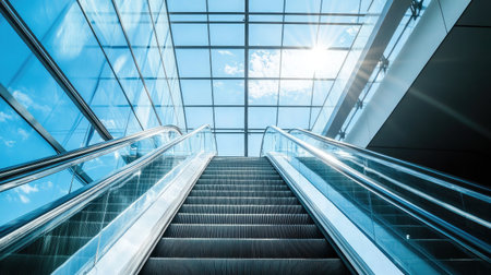 Architectural shot of escalator under skylight with dramatic light beamsの素材