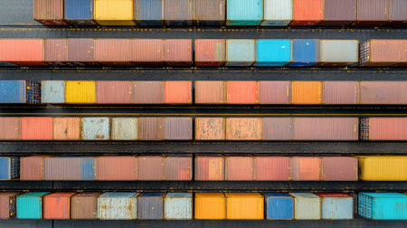 Aerial view of cargo containers arranged in rows at a busy shipping yard, symmetry and orderの素材