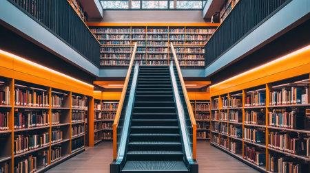 Escalator and parallel staircase in modern public library interior with ambient lightingの素材