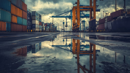 Cranes and containers reflected in puddles at an industrial docksideの素材