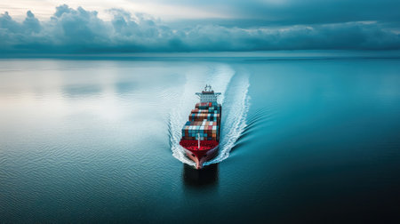 Cargo vessel at sea with calm water and distant coastline, fully loaded for international deliveryの素材