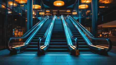 Escalator disappearing into darkness with dramatic lighting and strong shadowsの素材