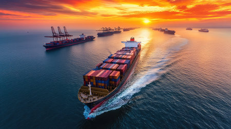 International shipping lane with multiple container vessels in the distanceの素材