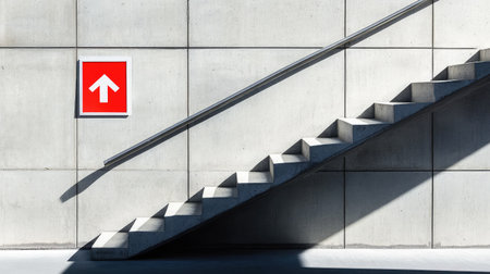 Fire exit sign in a concrete stairwell, dramatic shadows and minimalist industrial designの素材
