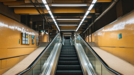 Long, empty escalator in underground metro with industrial ceiling pipes overheadの素材