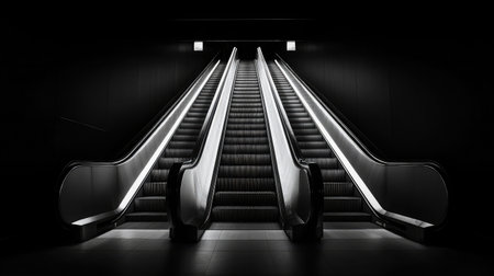 High-contrast black and white image of an escalator under spotlightの素材