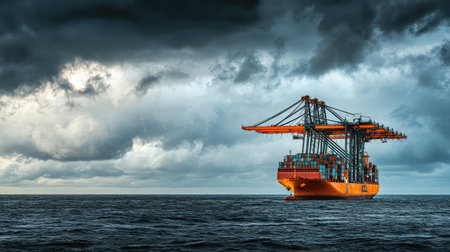 International port crane lifting container from ship deck, cloudy sky and ocean backdropの素材