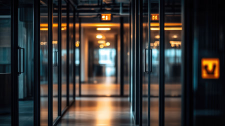 Fire exit sign on a glass panel door in a modern coworking spaceの素材
