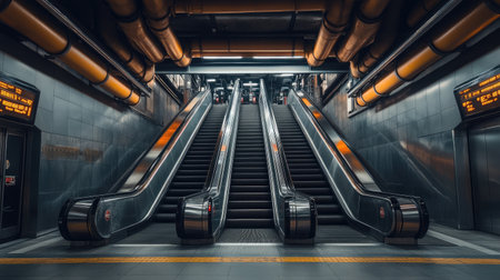 Long, empty escalator in underground metro with industrial ceiling pipes overheadの素材
