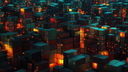 Night shot of a shipping terminal lit by artificial lights, glowing container stacksの素材