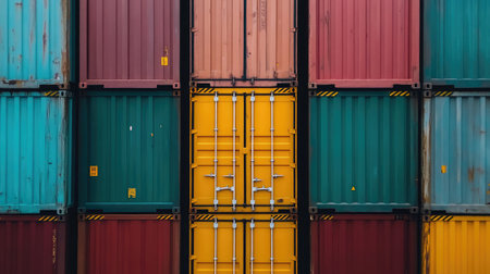 Shipping containers aligned in a grid pattern at an international transport hubの素材