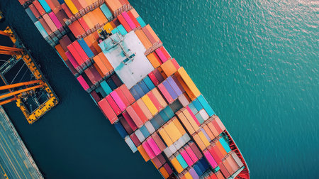 Top-down view of a ship being loaded with containers at a port, logistics in actionの素材