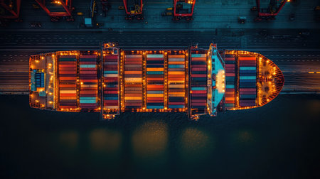 Top-down view of a ship being loaded with containers at a port, logistics in actionの素材