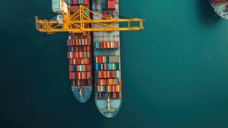 Top-down view of a ship being loaded with containers at a port, logistics in actionの素材