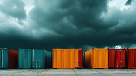 Row of identical shipping containers under dramatic cloudy sky, global logistics themeの素材