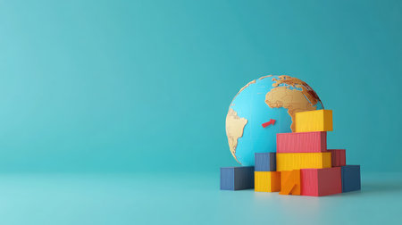 Worldwide logistics concept with containers and shipping arrows on a D globeの素材