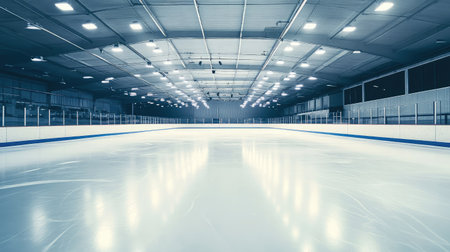 Clean ice surface inside a large arena-style skating rink, glowing ceiling lightsの素材