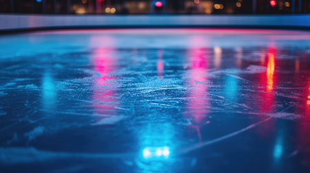 Empty indoor skating rink with smooth ice surface and colorful lighting, reflections shimmering on the iceの素材
