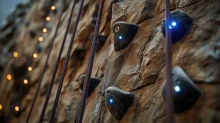 Climbing simulator showing visual difficulty levels using LED strips beside gripsの素材