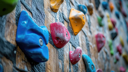 Colorful climbing holds placed on an overhanging indoor wall, stylized difficulty patternの素材