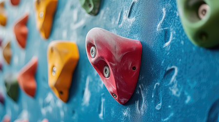 Grips on a rock wall simulator color-coded by route difficulty, clean gym backgroundの素材