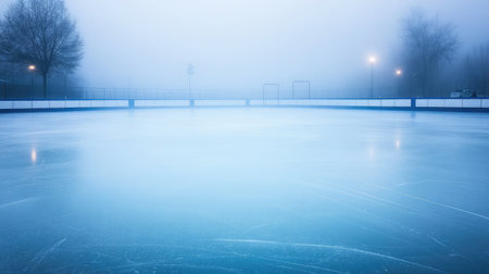 Fog drifting lightly across an empty outdoor ice rink in early morning lightの素材