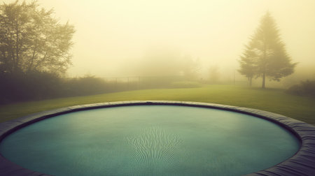 Foggy morning view of an empty backyard trampoline, soft diffused lightingの素材