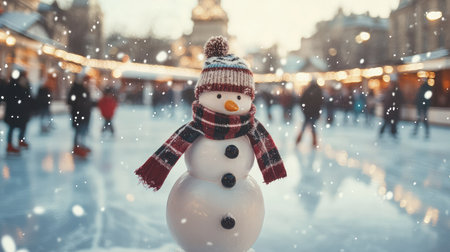 Ice skating rink with a snowman decoration at the center and falling snowの素材