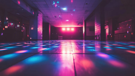 Indoor roller skating rink with colorful disco lights casting patterns on the floorの素材