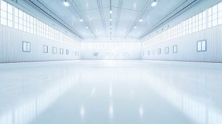 Minimalist ice rink interior with white walls, sleek lines, and symmetrical lightsの素材