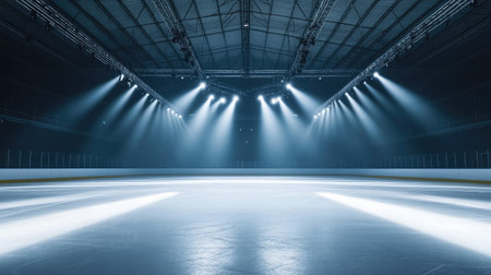 Rink-side view of an empty ice surface with overhead spotlights casting long beamsの素材
