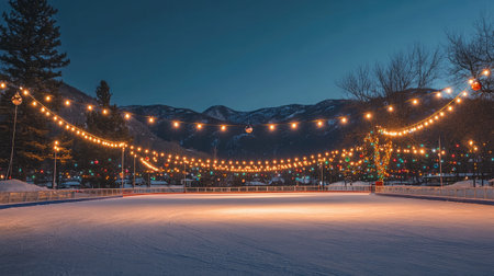Night view of a skating rink lit with decorative string lights and holiday ornamentsの素材