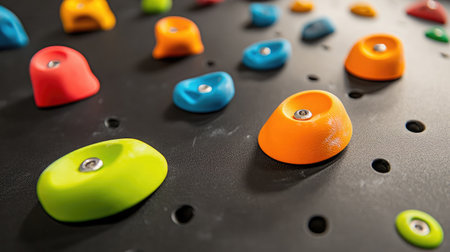 Modern climbing training wall simulator with matte black panels and bright gripsの素材