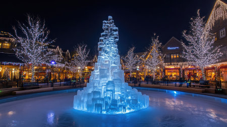 Skating rink with a central ice sculpture and twinkling lights in the backgroundの素材