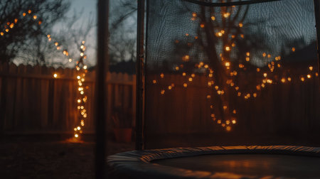 Nighttime shot of an illuminated trampoline in a backyard, glowing ambient lightsの素材
