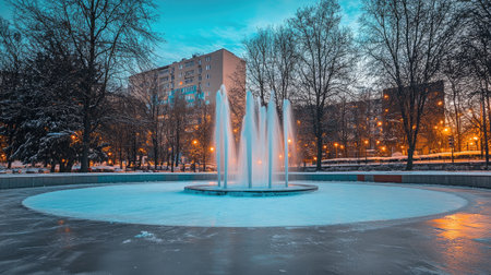 Skating rink beside a frozen fountain in a city park, winter ambianceの素材