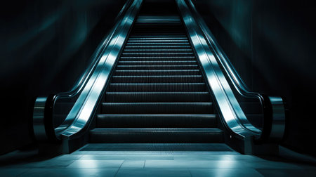 Escalator disappearing into darkness with dramatic lighting and strong shadowsの素材