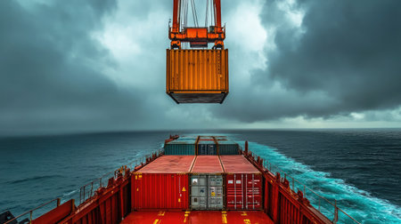 International port crane lifting container from ship deck, cloudy sky and ocean backdropの素材