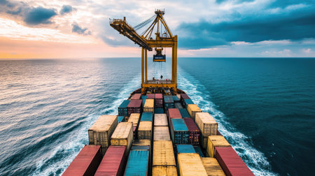 International port crane lifting container from ship deck, cloudy sky and ocean backdropの素材