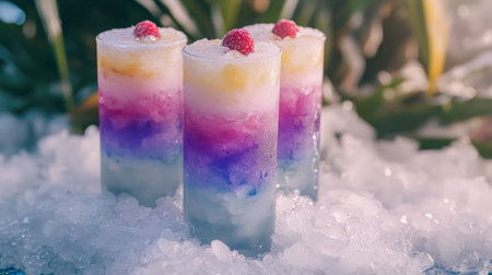 Chilled fruit drinks with gradient colors and frosted glass, placed on crushed ice bedの素材