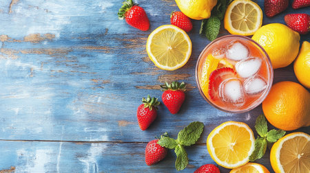 Bright summer drinks display on a rustic wood table with lemons, oranges, and strawberries scattered aroundの素材