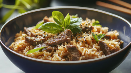 A shallow bowl of beef fried rice garnished with fresh greens and sesame seeds on a clean backgroundの素材