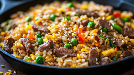 Beef fried rice served in a black cast iron pan with vibrant vegetables and a sprinkle of sesame seedsの素材