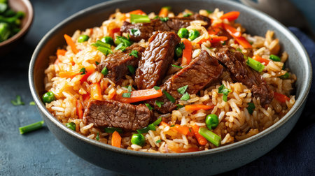 A deep bowl of steaming beef fried rice with soy-glazed beef strips, diced carrots, and scallionsの素材