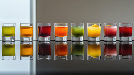 Bold fruit mocktail colors in transparent glasses placed on a reflective mirrored surfaceの素材