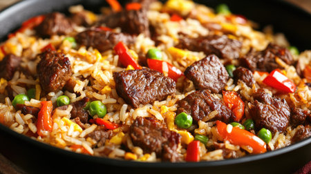 A large bowl of beef fried rice with bold color contrast from red peppers and green onionsの素材