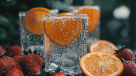 Close-up of condensation-covered citrus drinks surrounded by strawberries and sliced orangesの素材