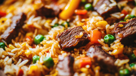 Elevated close-up of fried rice with glistening beef slices, fluffy rice, and colorful vegetablesの素材