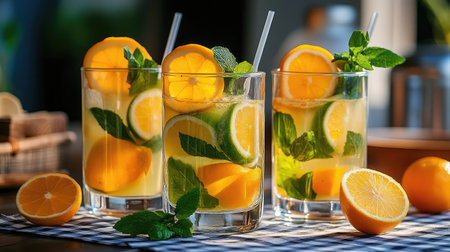 Clear pitchers and glasses of refreshing citrus mocktails arranged on a checkered tableclothの素材